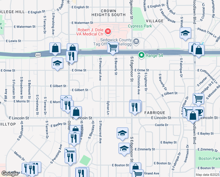 map of restaurants, bars, coffee shops, grocery stores, and more near 5219 East Gilbert Street in Wichita