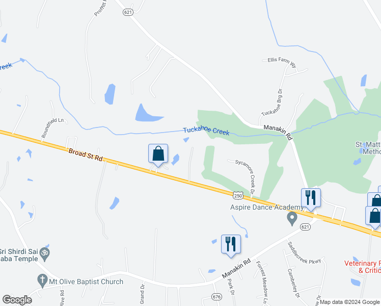 map of restaurants, bars, coffee shops, grocery stores, and more near 250 Broadstreet Road in Manakin-Sabot