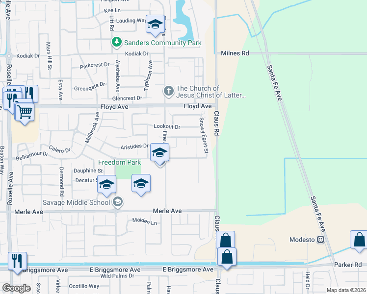 map of restaurants, bars, coffee shops, grocery stores, and more near 2308 Paper Bark Court in Modesto