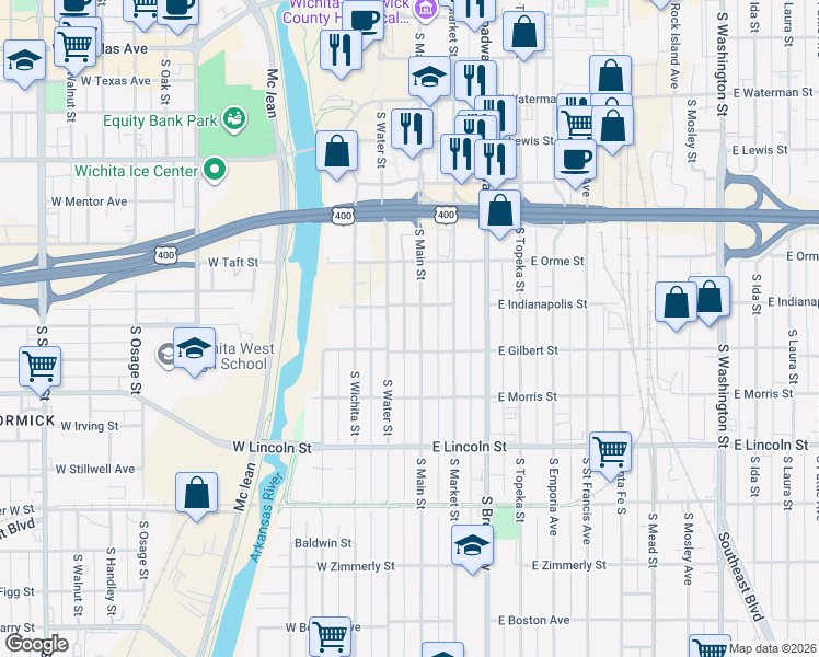 map of restaurants, bars, coffee shops, grocery stores, and more near 926 South Main Street in Wichita