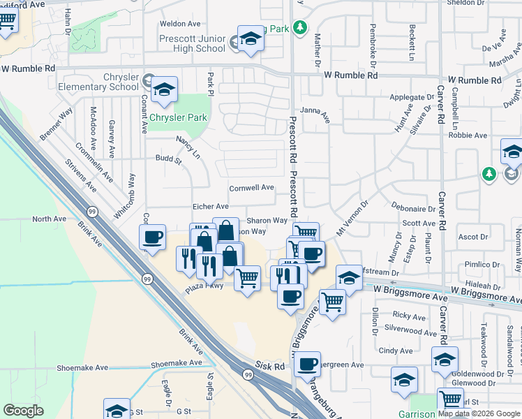 map of restaurants, bars, coffee shops, grocery stores, and more near 2130 Eicher Avenue in Modesto