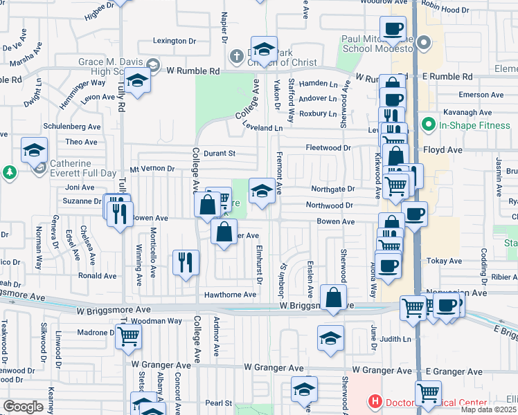 map of restaurants, bars, coffee shops, grocery stores, and more near 915 Bowen Avenue in Modesto