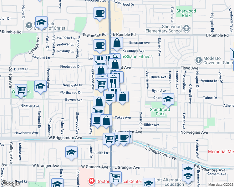 map of restaurants, bars, coffee shops, grocery stores, and more near 115 Mark Randy Place in Modesto