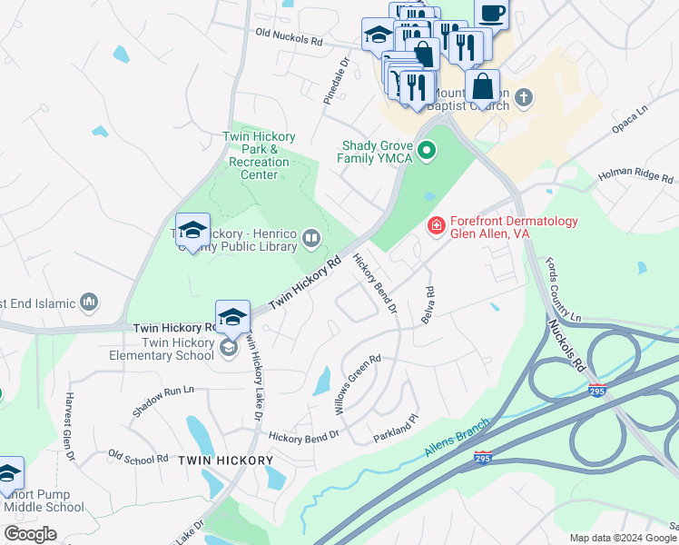 map of restaurants, bars, coffee shops, grocery stores, and more near 11900 Belmont Park Court in Glen Allen