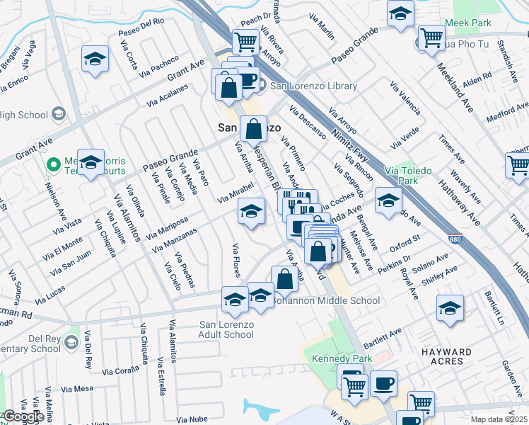map of restaurants, bars, coffee shops, grocery stores, and more near 16215 Via Arriba in San Lorenzo