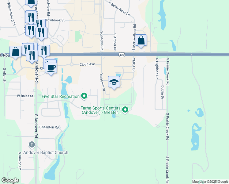map of restaurants, bars, coffee shops, grocery stores, and more near 654 YMCA Drive in Andover