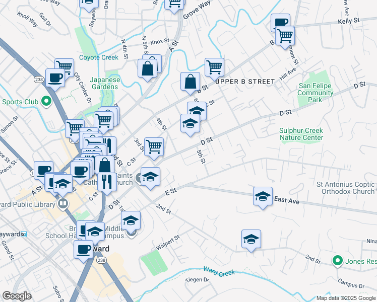 map of restaurants, bars, coffee shops, grocery stores, and more near 1443 D Street in Hayward