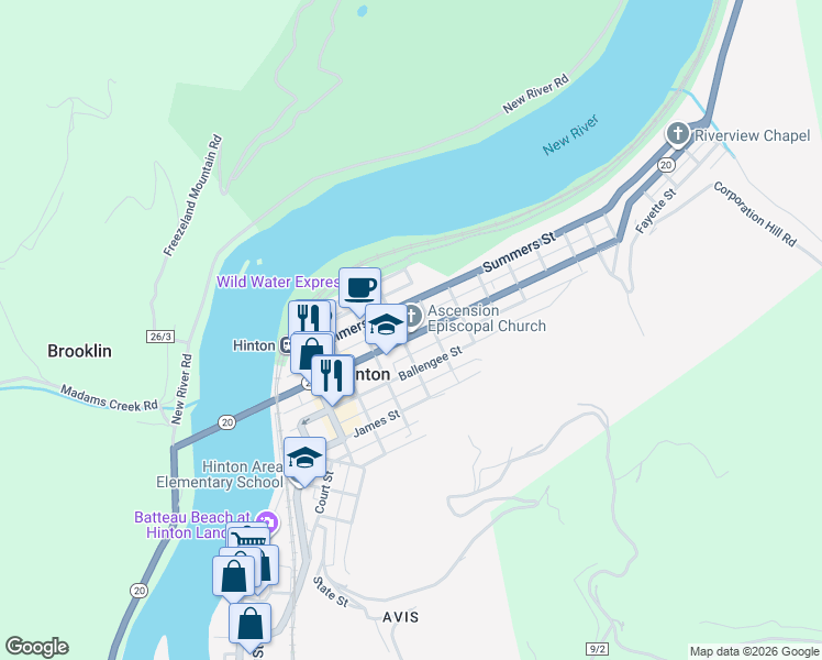 map of restaurants, bars, coffee shops, grocery stores, and more near 507 Temple Street in Hinton