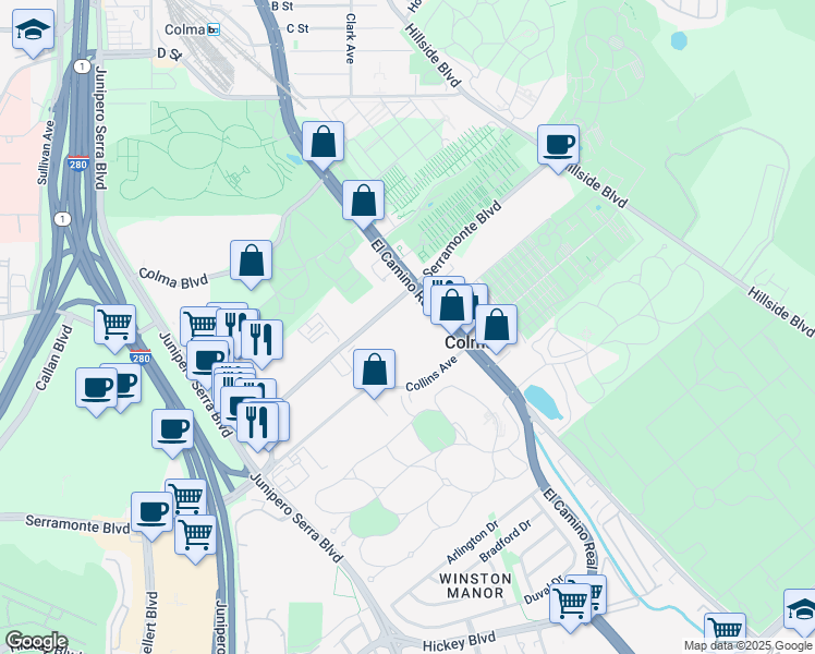 map of restaurants, bars, coffee shops, grocery stores, and more near 1200 El Camino Real in Colma
