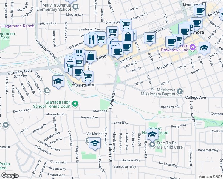 map of restaurants, bars, coffee shops, grocery stores, and more near 1196 Holmes Court in Livermore