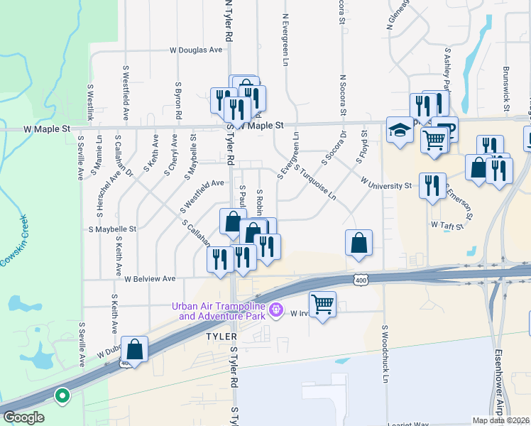 map of restaurants, bars, coffee shops, grocery stores, and more near 508 South Robin Road in Wichita