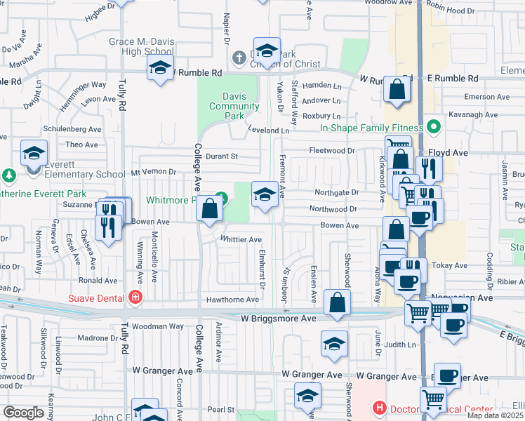 map of restaurants, bars, coffee shops, grocery stores, and more near 915 Bowen Avenue in Modesto