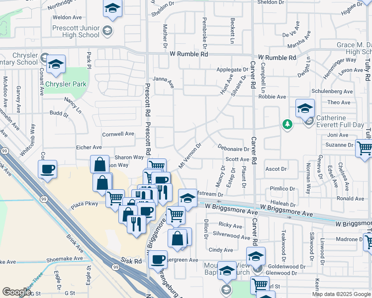 map of restaurants, bars, coffee shops, grocery stores, and more near 2016 Renchler Lane in Modesto