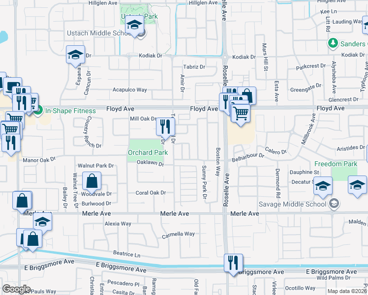 map of restaurants, bars, coffee shops, grocery stores, and more near 2221 Sunmist Lane in Modesto