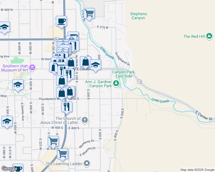 map of restaurants, bars, coffee shops, grocery stores, and more near 118 South 400 East in Cedar City
