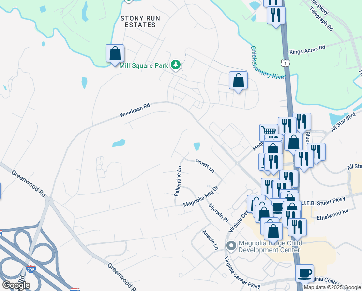 map of restaurants, bars, coffee shops, grocery stores, and more near 2026 Pruett Court in Glen Allen