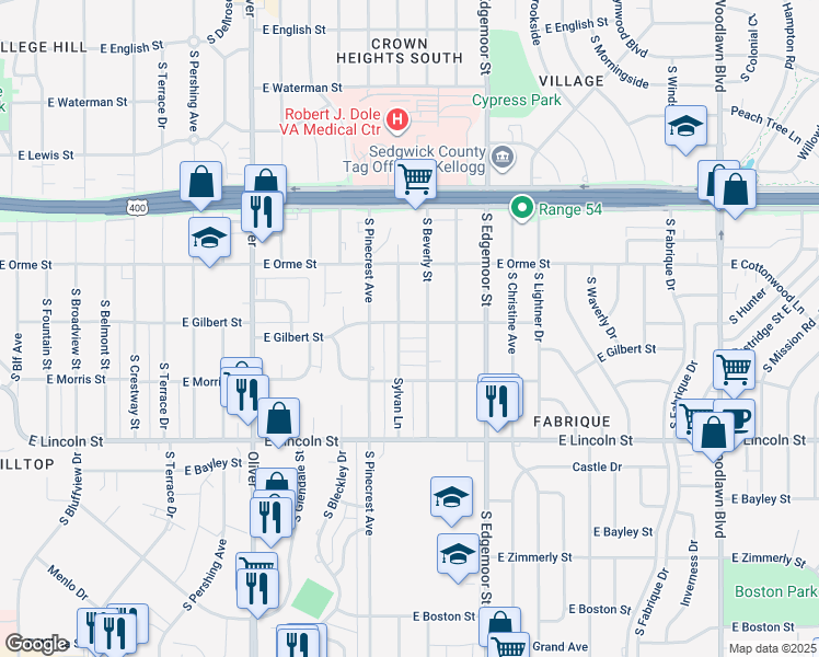 map of restaurants, bars, coffee shops, grocery stores, and more near 5219 East Gilbert Street in Wichita