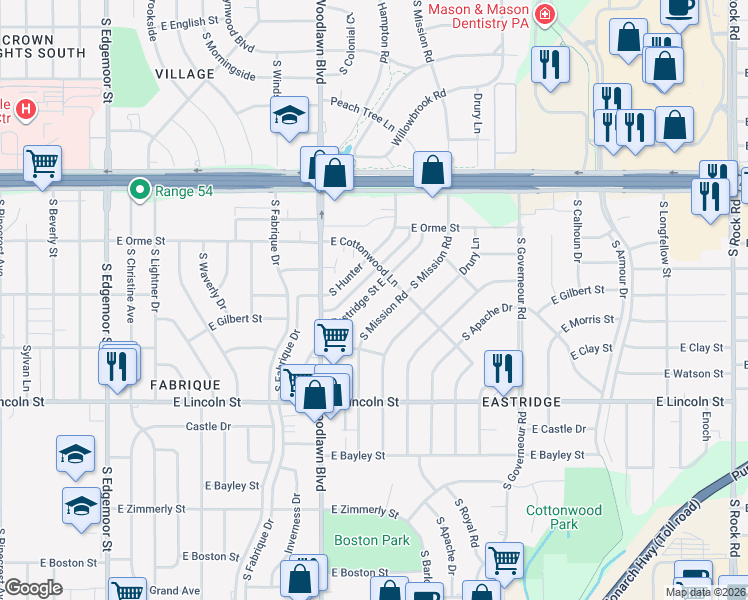 map of restaurants, bars, coffee shops, grocery stores, and more near 730 Eastridge Street East in Wichita