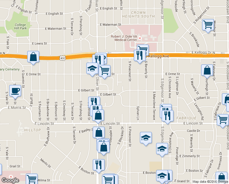 map of restaurants, bars, coffee shops, grocery stores, and more near 4926 East Gilbert Street in Wichita