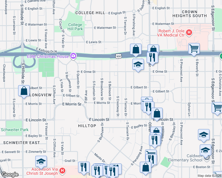 map of restaurants, bars, coffee shops, grocery stores, and more near 703 South Crestway Street in Wichita