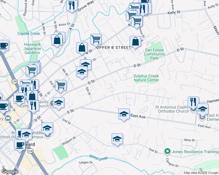 map of restaurants, bars, coffee shops, grocery stores, and more near 1638 E Street in Hayward