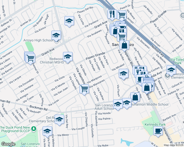 map of restaurants, bars, coffee shops, grocery stores, and more near 16129 Via Pinale in San Lorenzo