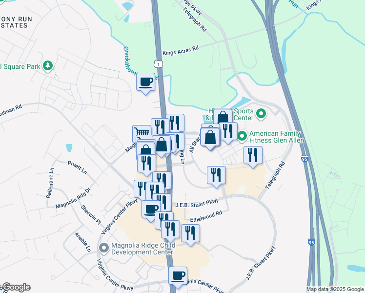 map of restaurants, bars, coffee shops, grocery stores, and more near 10165 Brook Rd in Glen Allen