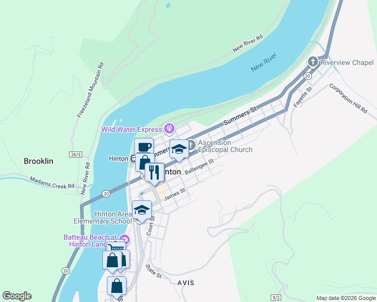 map of restaurants, bars, coffee shops, grocery stores, and more near 507 Temple Street in Hinton
