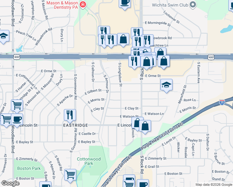 map of restaurants, bars, coffee shops, grocery stores, and more near 7503 East Gilbert Street in Wichita