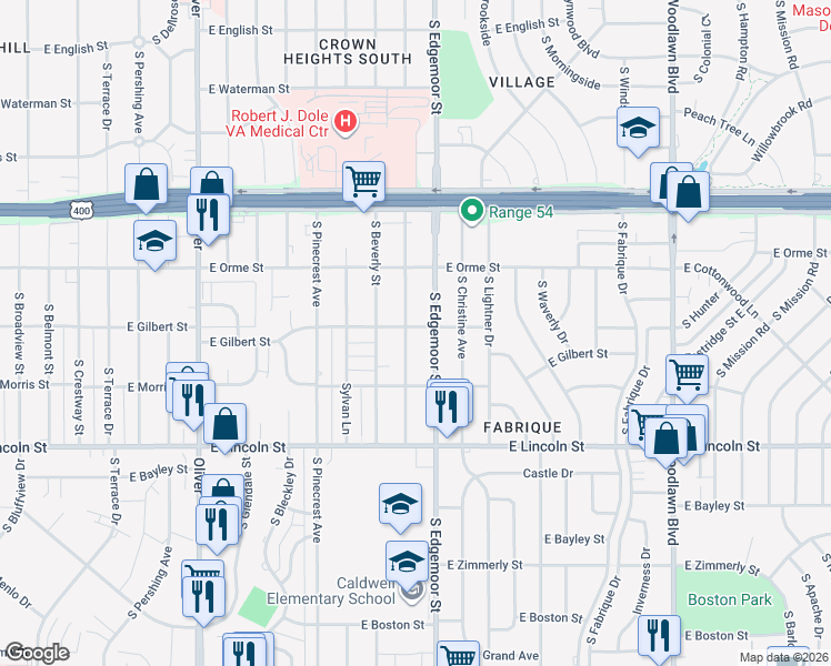 map of restaurants, bars, coffee shops, grocery stores, and more near 5499 East Gilbert Street in Wichita
