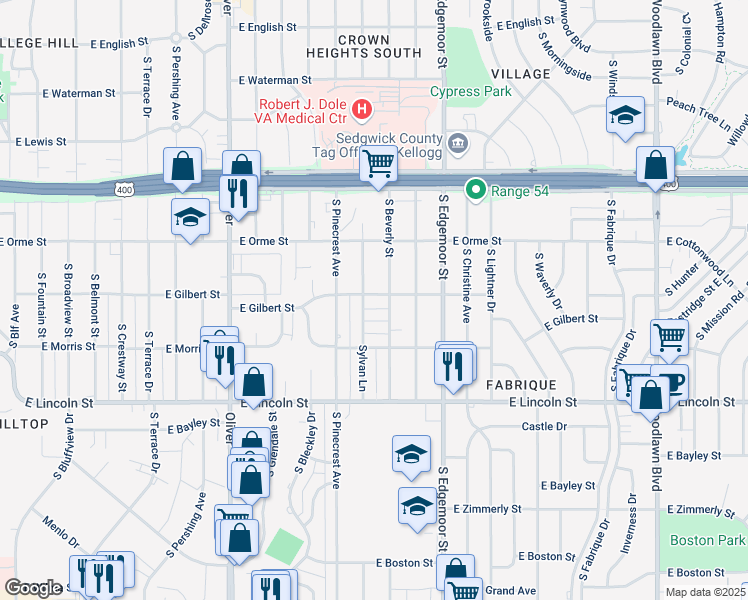 map of restaurants, bars, coffee shops, grocery stores, and more near 5219 East Gilbert Street in Wichita