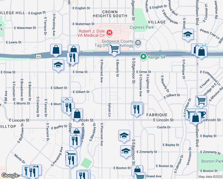 map of restaurants, bars, coffee shops, grocery stores, and more near 5219 East Gilbert Street in Wichita