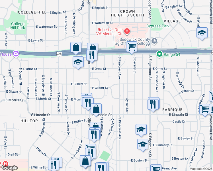 map of restaurants, bars, coffee shops, grocery stores, and more near 4926 East Gilbert Street in Wichita