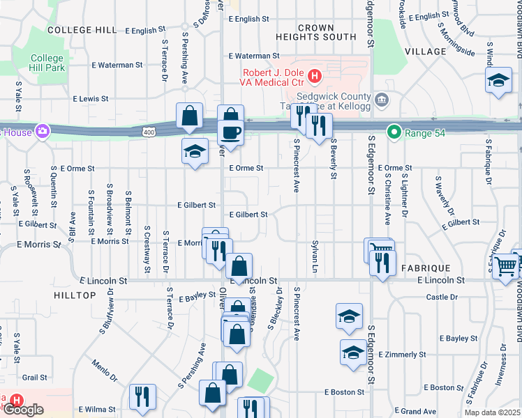 map of restaurants, bars, coffee shops, grocery stores, and more near 4926 East Gilbert Street in Wichita