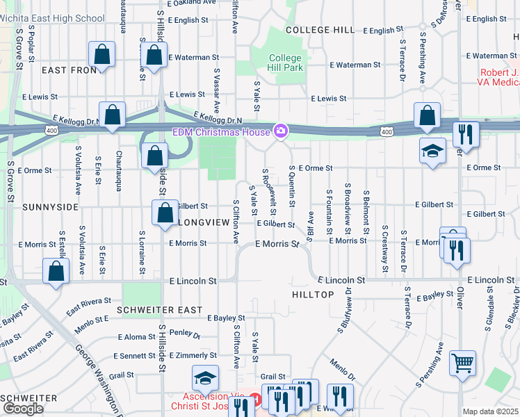 map of restaurants, bars, coffee shops, grocery stores, and more near 632 South Yale Street in Wichita