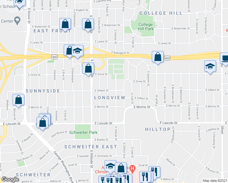 map of restaurants, bars, coffee shops, grocery stores, and more near 3405 East Gilbert Street in Wichita