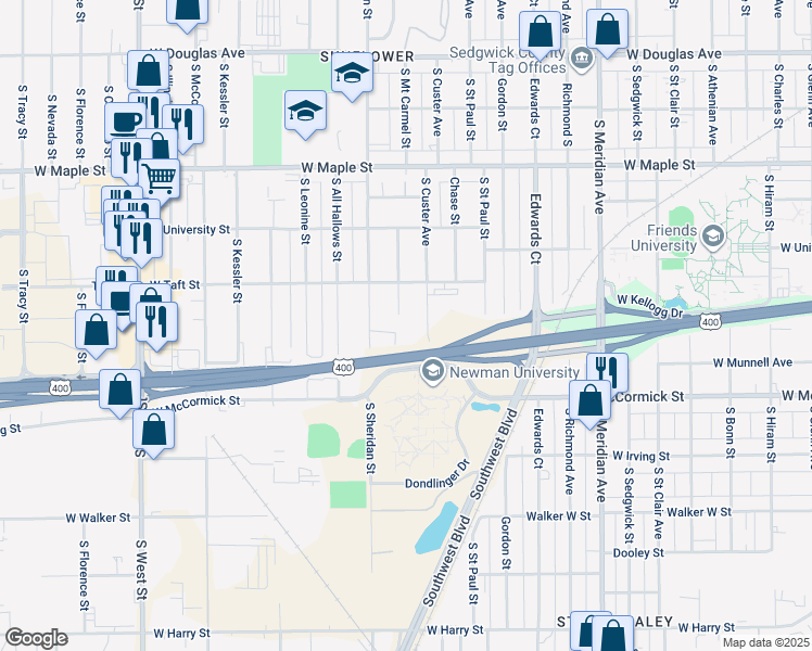 map of restaurants, bars, coffee shops, grocery stores, and more near 743 South Custer Avenue in Wichita