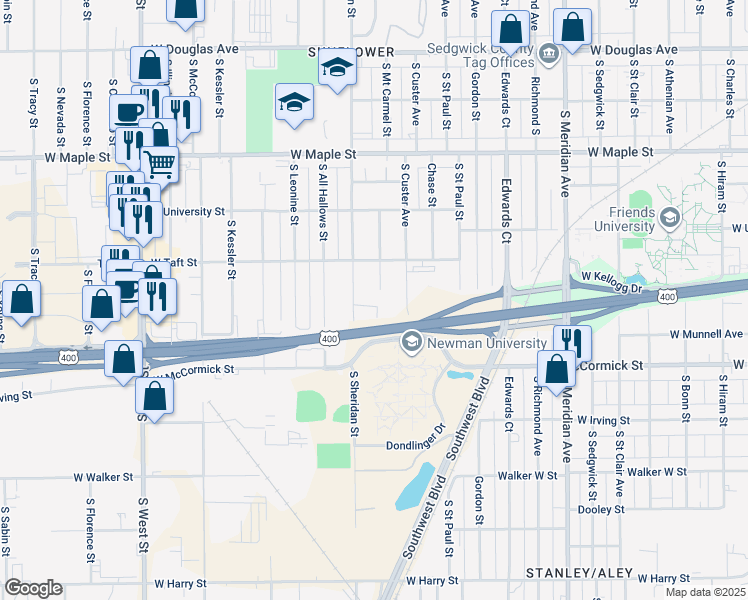 map of restaurants, bars, coffee shops, grocery stores, and more near 626 South Sheridan Street in Wichita