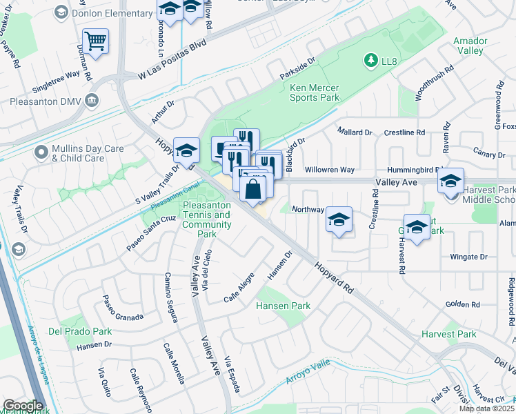 map of restaurants, bars, coffee shops, grocery stores, and more near 2953 Hopyard Road in Pleasanton