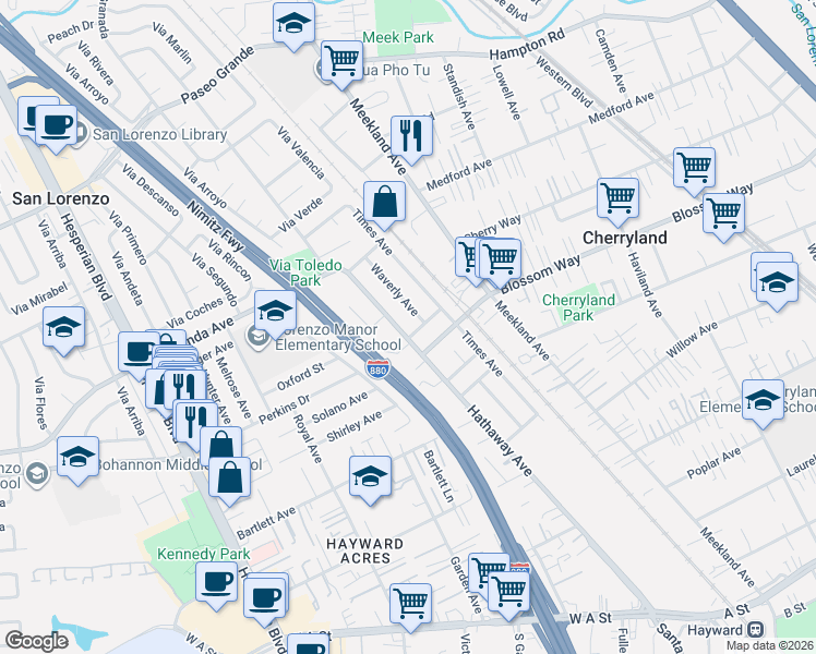map of restaurants, bars, coffee shops, grocery stores, and more near 19762 Hathaway Avenue in Hayward