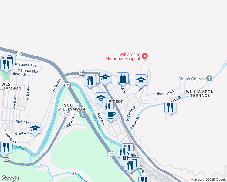 map of restaurants, bars, coffee shops, grocery stores, and more near 146 West 5th Avenue in Williamson