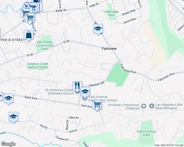 map of restaurants, bars, coffee shops, grocery stores, and more near 2860 Hidden Lane in Hayward