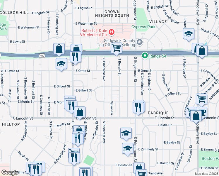 map of restaurants, bars, coffee shops, grocery stores, and more near 5219 East Gilbert Street in Wichita