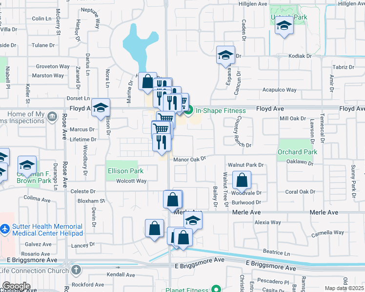 map of restaurants, bars, coffee shops, grocery stores, and more near 2300 Oakdale Road in Modesto
