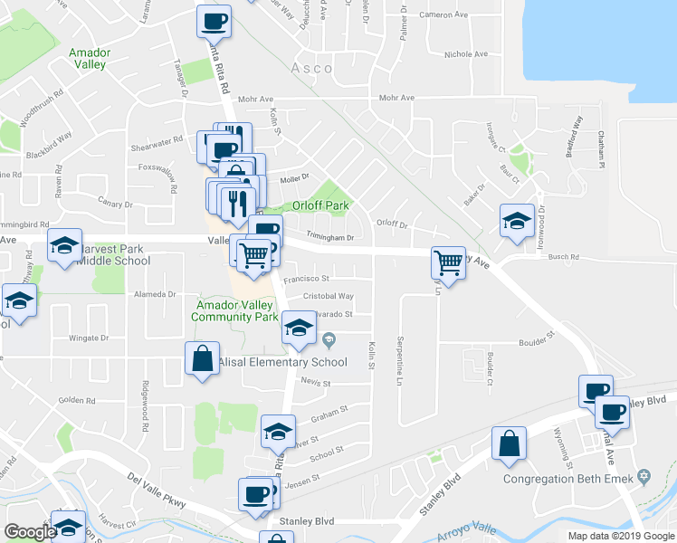map of restaurants, bars, coffee shops, grocery stores, and more near 4083 Francisco Street in Pleasanton