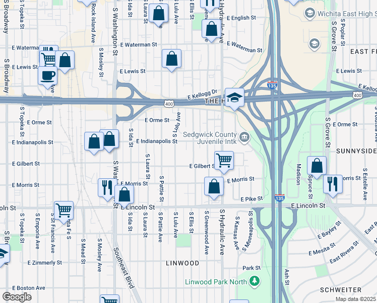 map of restaurants, bars, coffee shops, grocery stores, and more near 721 Ellis South in Wichita