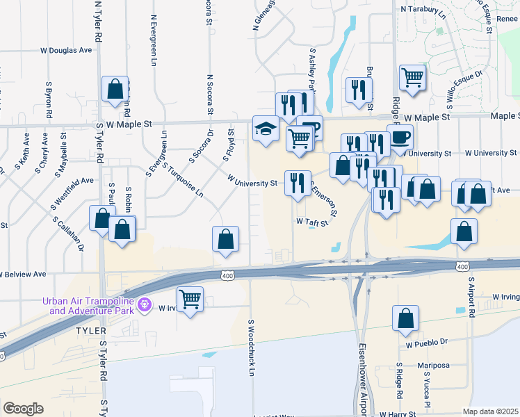 map of restaurants, bars, coffee shops, grocery stores, and more near 430 South Woodchuck Lane in Wichita