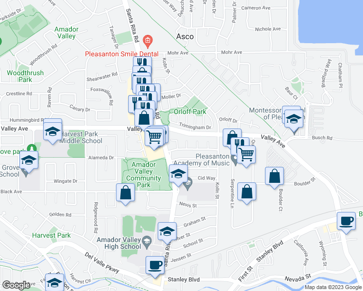 map of restaurants, bars, coffee shops, grocery stores, and more near 4151 Francisco Street in Pleasanton