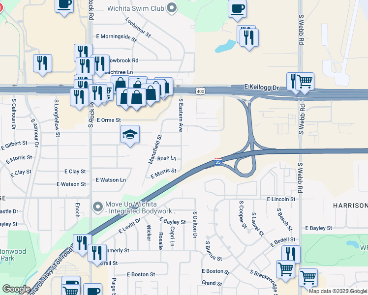 map of restaurants, bars, coffee shops, grocery stores, and more near 8417 East Gilbert Street in Wichita