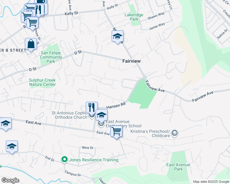 map of restaurants, bars, coffee shops, grocery stores, and more near 2860 Hidden Lane in Hayward